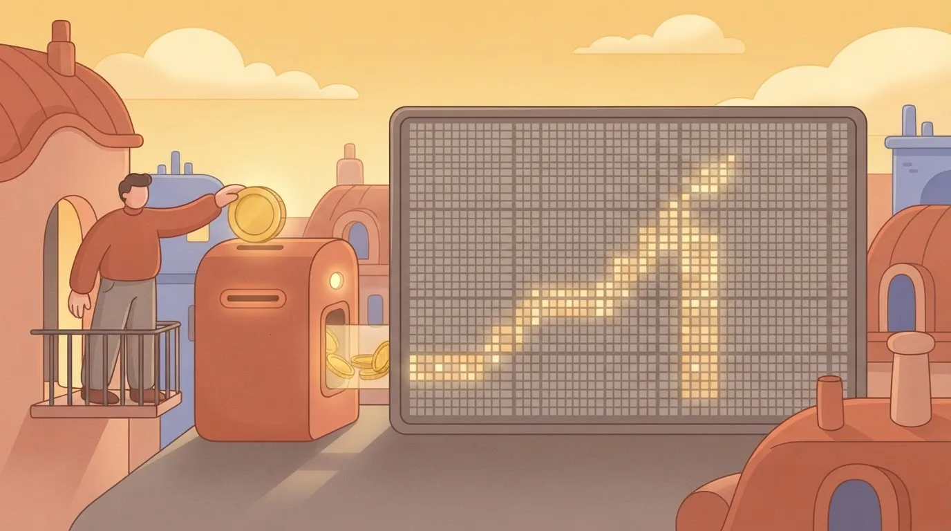 A person dropping large gold coins into a slot on a machine; for every coin, a single tiny pixel on a large screen changes…