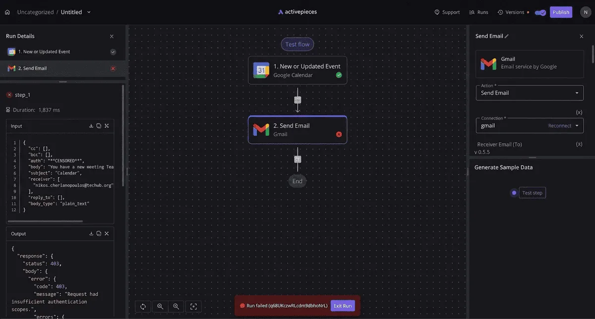 Activepieces workflow builder showing a three-step automation flow with Google Calendar trigger and Gmail email action…