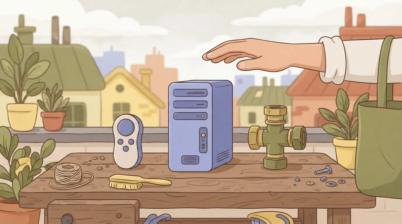 Three different tools on a workbench, a hand hovering