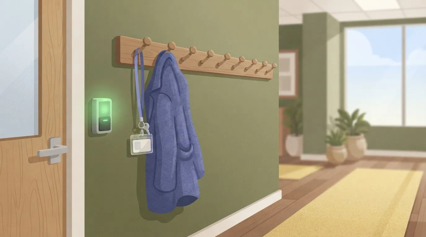 Lone coat on a hook beside a green badge reader