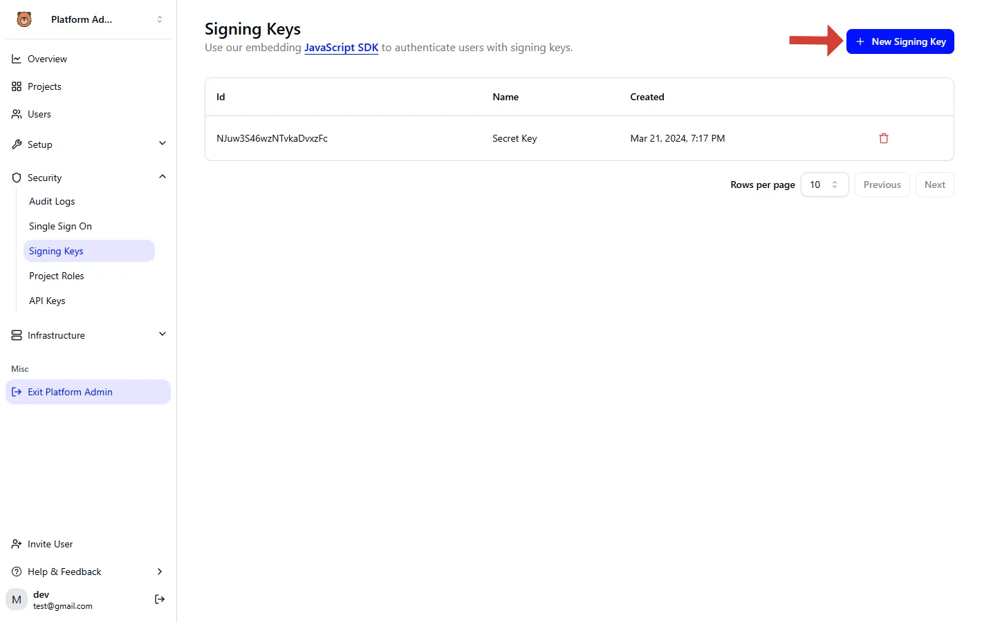Signing Keys management page in Activepieces showing a table with one secret key and a New Signing Key button.