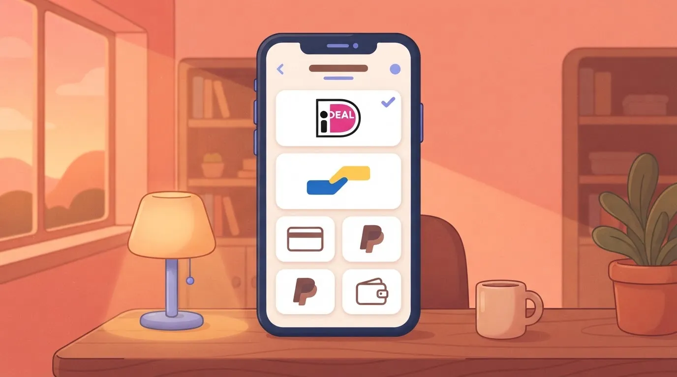 A smartphone screen displays a checkout flow interface, showing a list of payment options including the iDEAL logo and the…