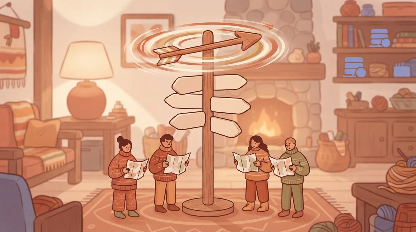 A single signpost where the arrow at the top is spinning rapidly in circles, while a group of people at the base look at…