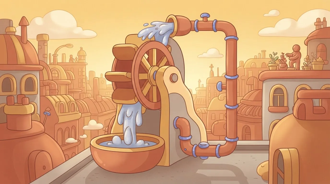 A water wheel where the water falling off the bottom is immediately piped back into the top by a frantic pump.