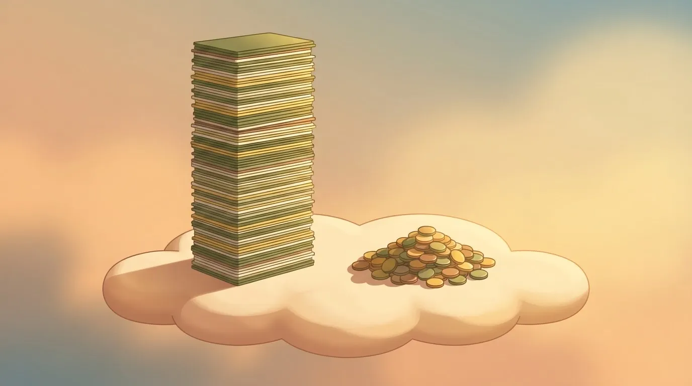 A vertical stack of rectangular trace cards totaling one hundred thousand items, placed next to a small pile of…