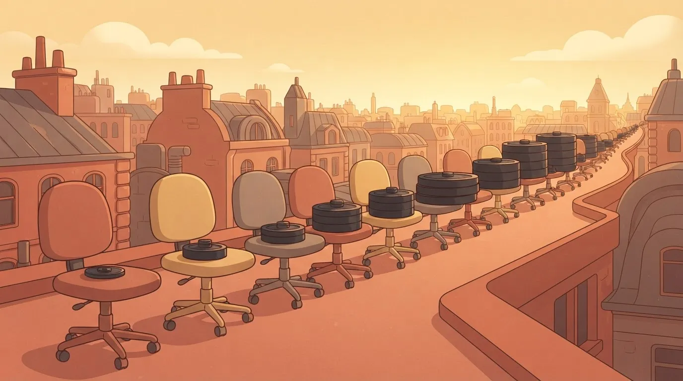 A line of office chairs stretching into the distance.