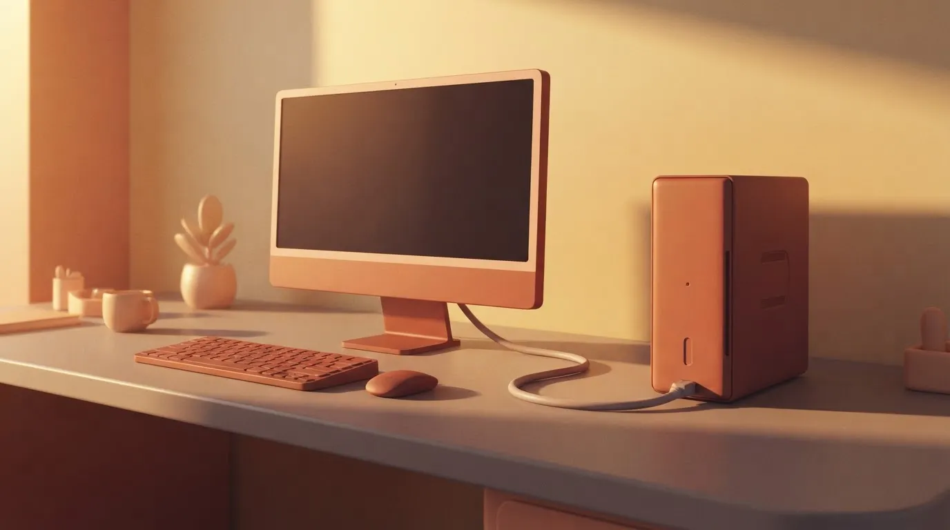 A high-end workstation sits on a clean office desk, connected to a small, rectangular private server positioned vertically…