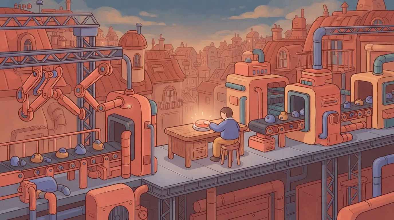 A complex, automated machine assembly line where one section of the conveyor belt is missing, replaced by a simple wooden…