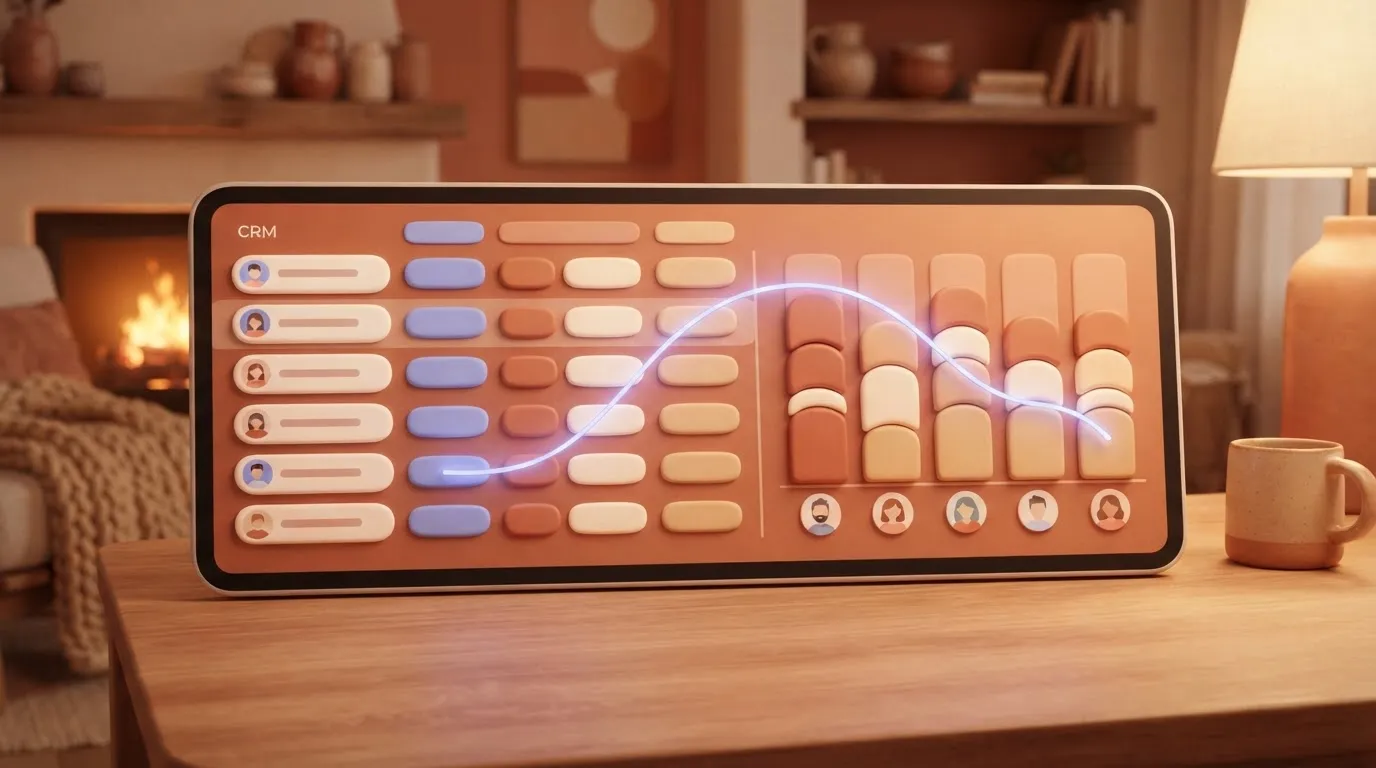 A digital dashboard showing a CRM data table with rows of client names linked by a glowing line to a resource management…