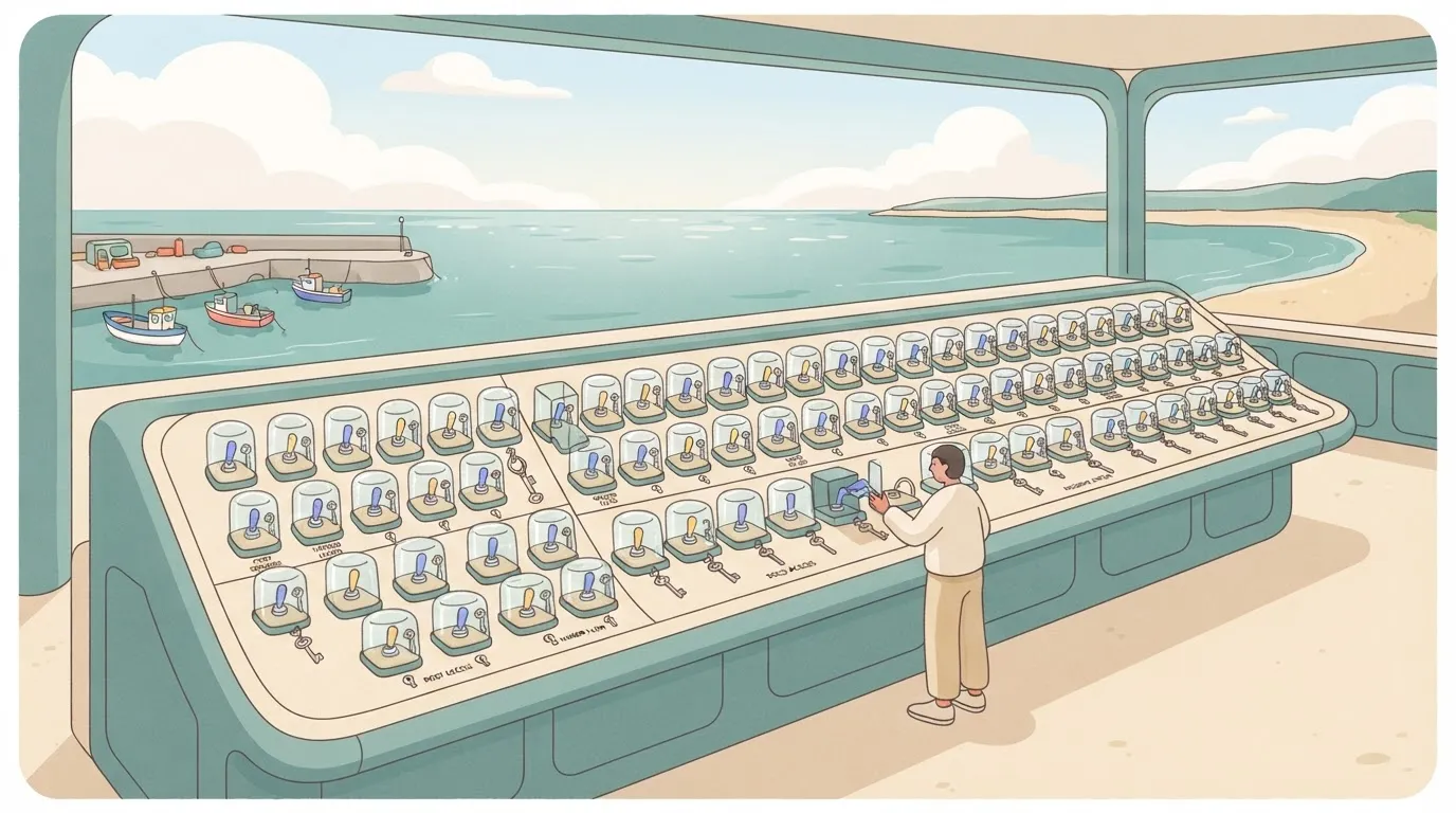 A large central control board where every toggle switch has its own individual, tiny glass case and a unique key, rather…