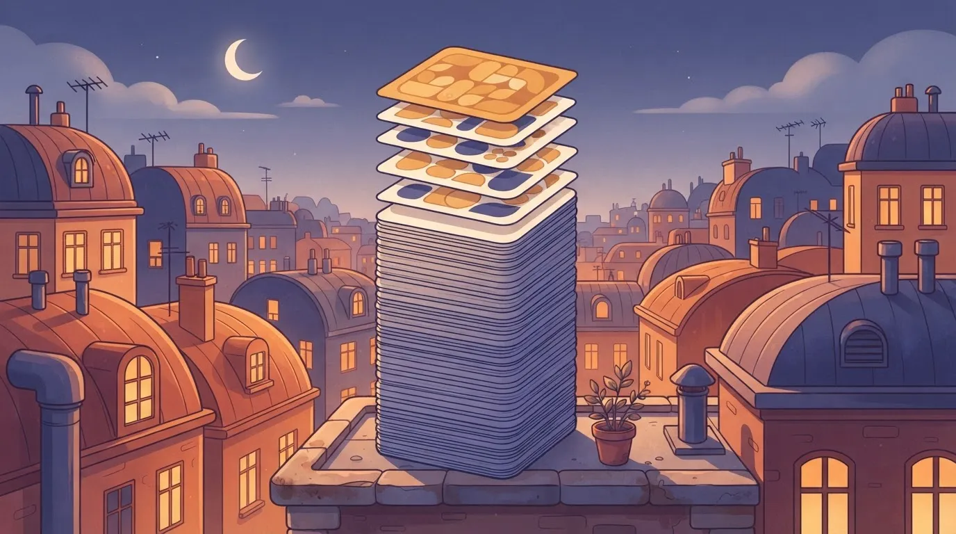 A tall, vertical stack of paper sheets representing a context window, with the top few sheets marked with a different…