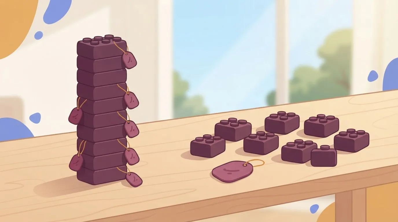 Ten bricks each tagged on one side, ten bricks untagged on a tagged table