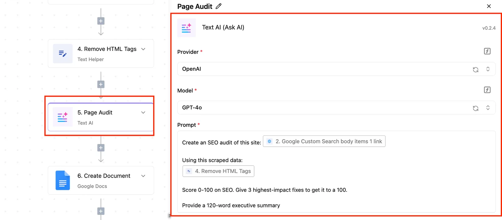 Activepieces workflow builder showing a Page Audit step using Text AI with OpenAI GPT-4o to create an SEO audit.