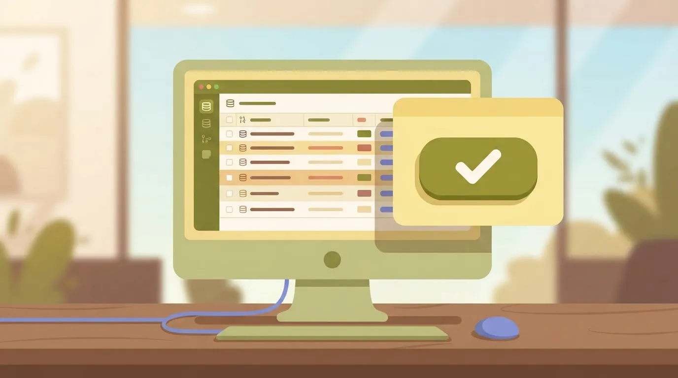 A computer monitor shows a production database table with several rows of data, and a separate pop-up window displays a…