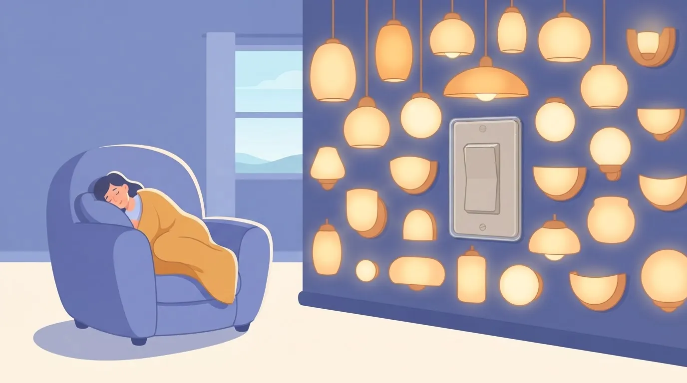 A sleeper beside glowing lamps and an untouched capped switch