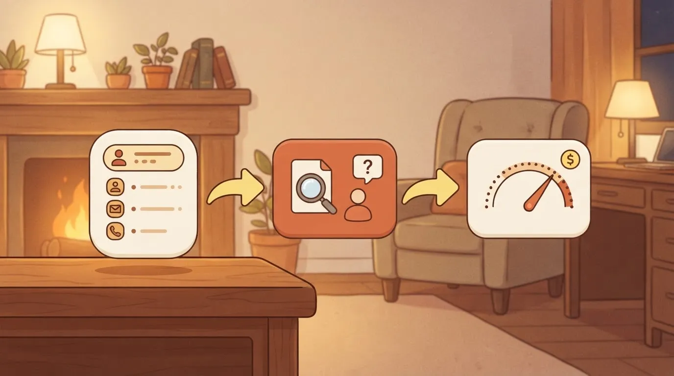 A CRM lead record card on the left with an arrow to a research agent box, then an arrow to a second agent box that holds a…