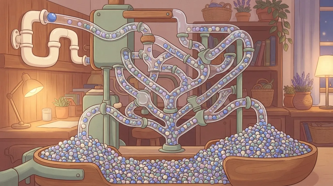A single marble enters a machine through one pipe.