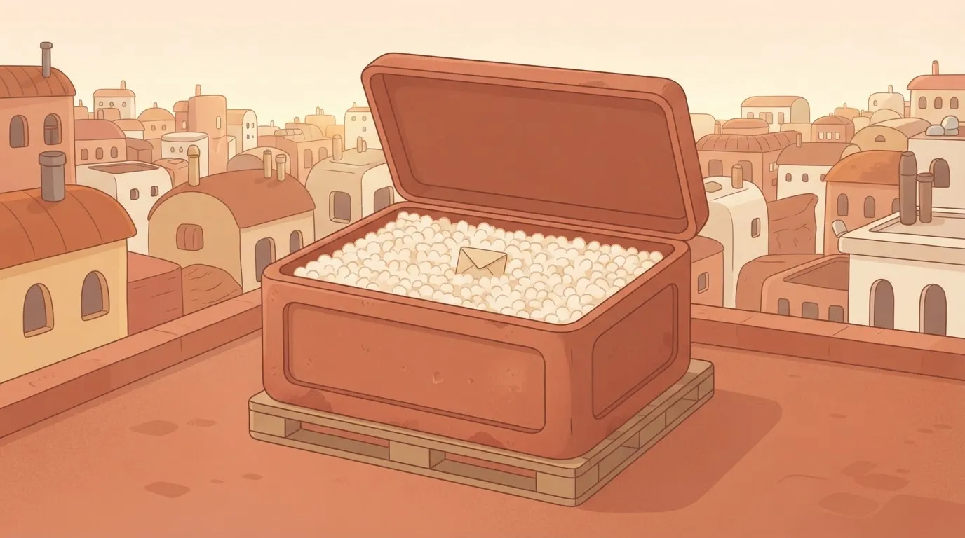A large shipping crate sits on a pallet; inside the crate is a single, tiny envelope, while the rest of the vast space is…