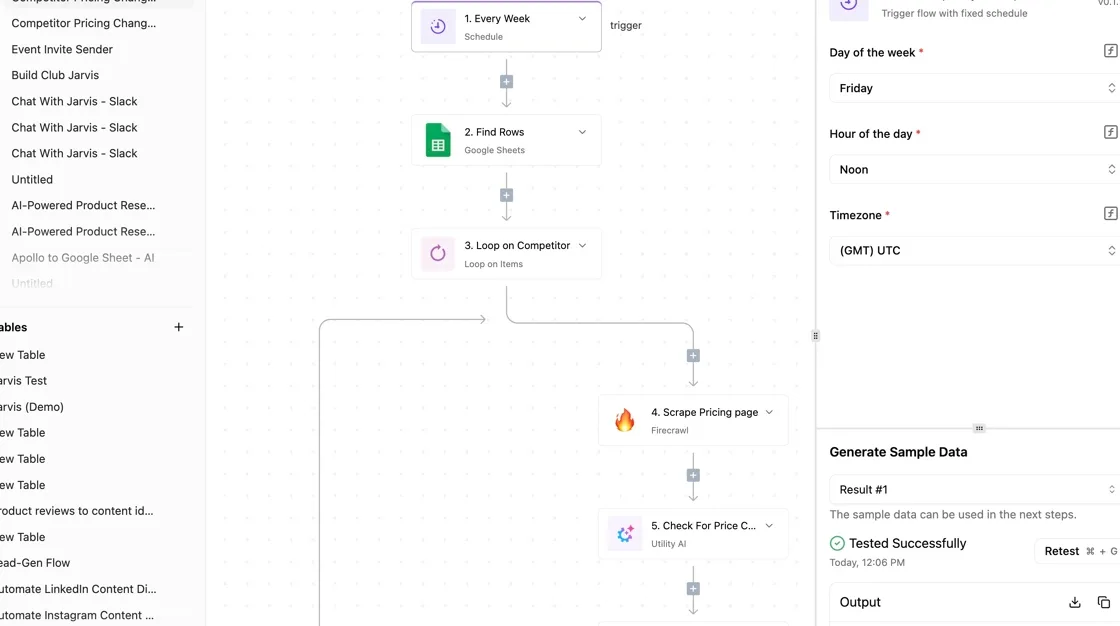 Activepieces workflow builder showing a five-step competitor price monitoring automation with schedule trigger, Google…