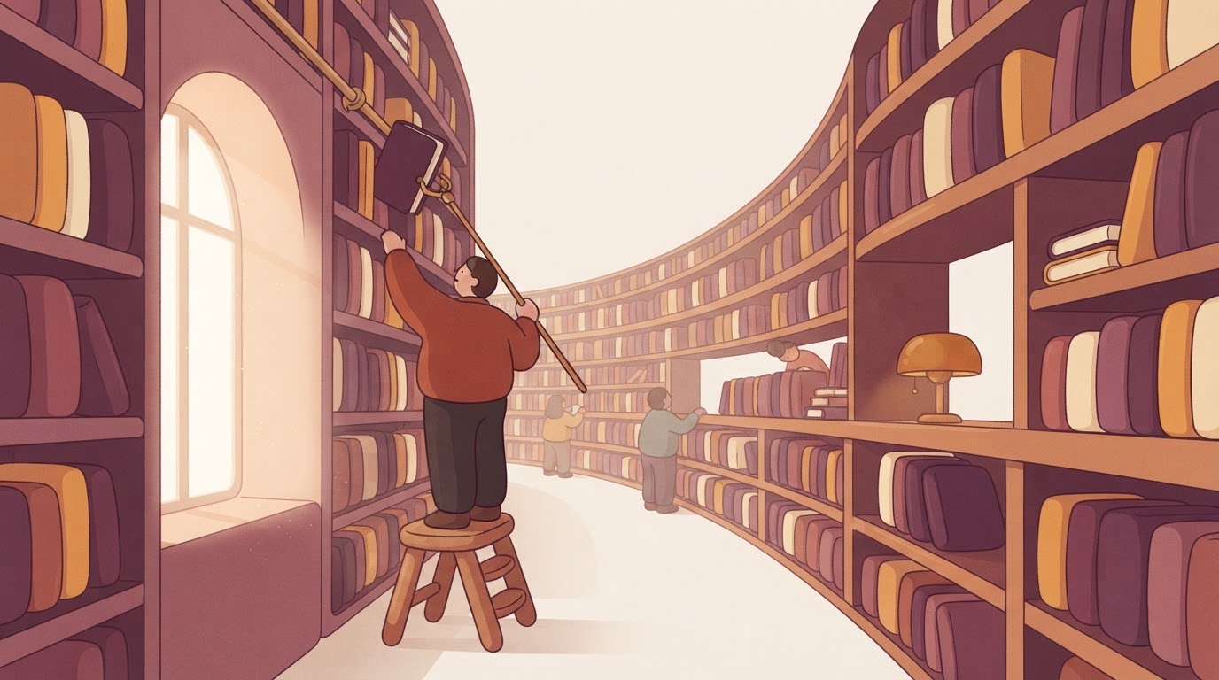 A person standing in a library using a long wooden pole to reach a book on a high shelf.