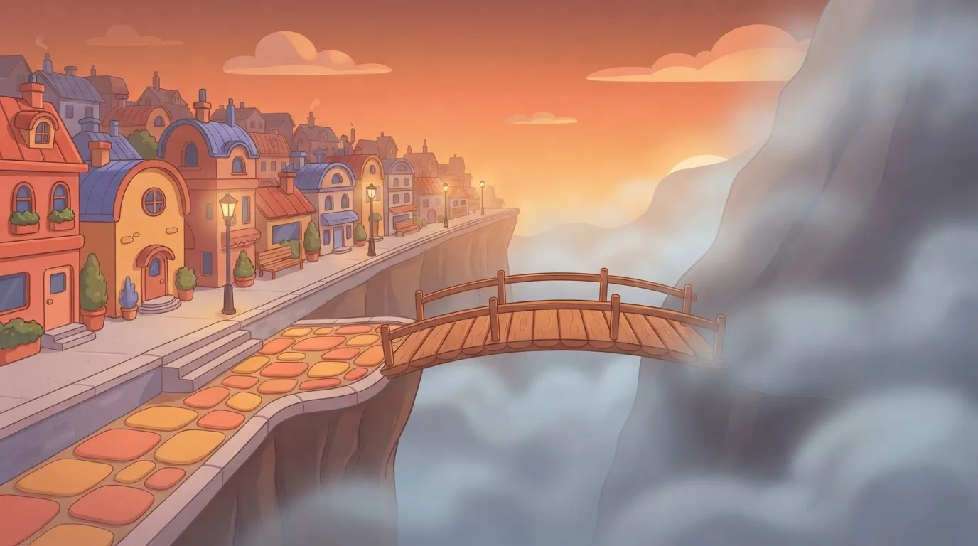A small wooden bridge connecting two cliffs, where one side is a neatly paved sidewalk and the other side is a dense, misty…