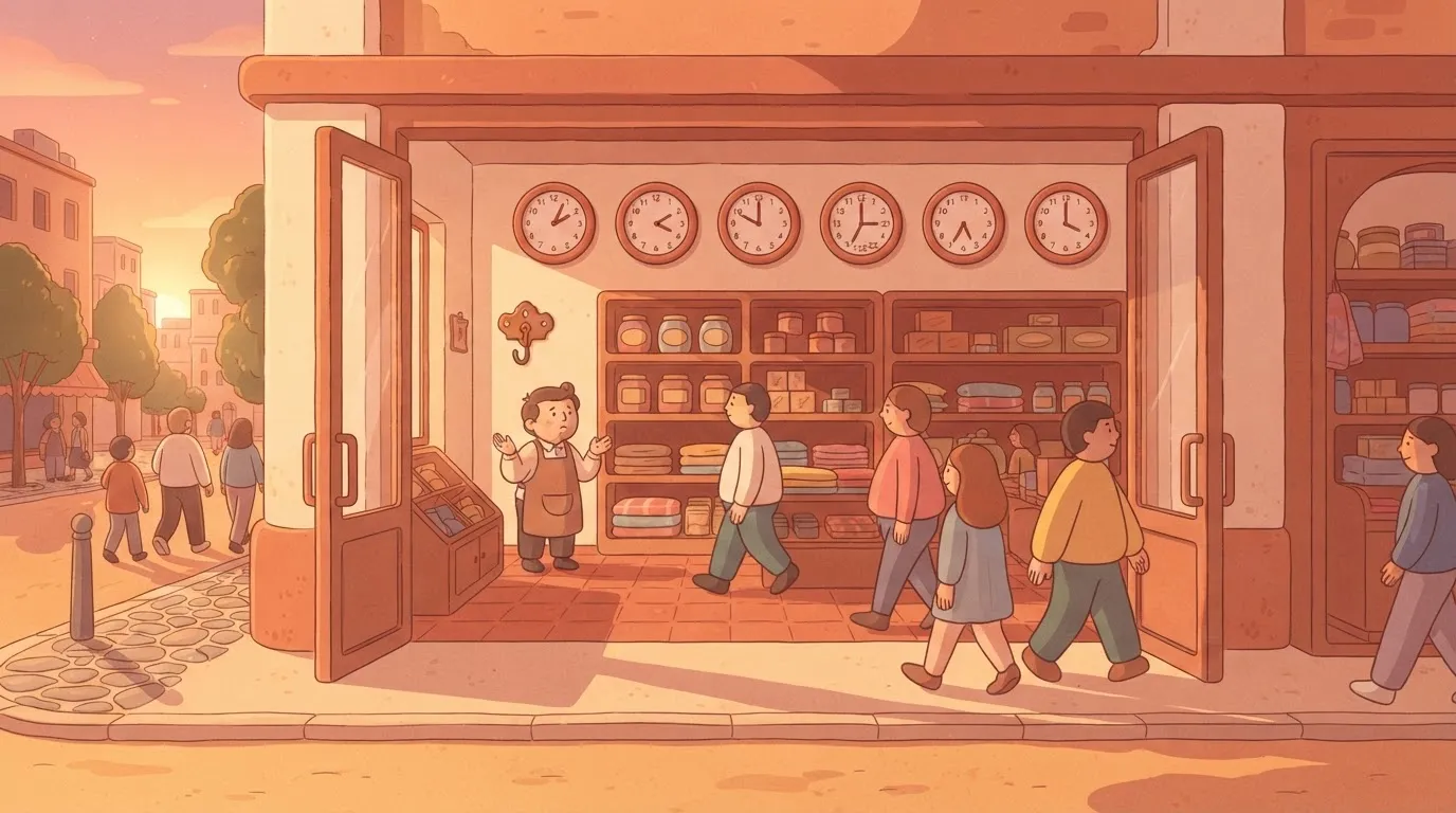 Busy open shop with stopped wall clocks behind