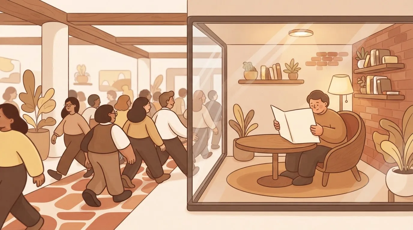 A glass-walled room inside a large office; inside the glass room, a person is reading a document, while outside the glass…