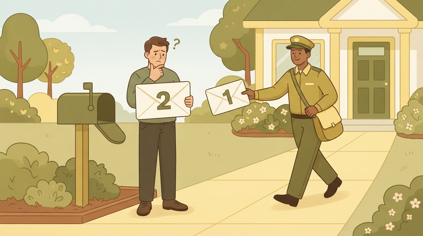 A man standing at a mailbox looking confused.