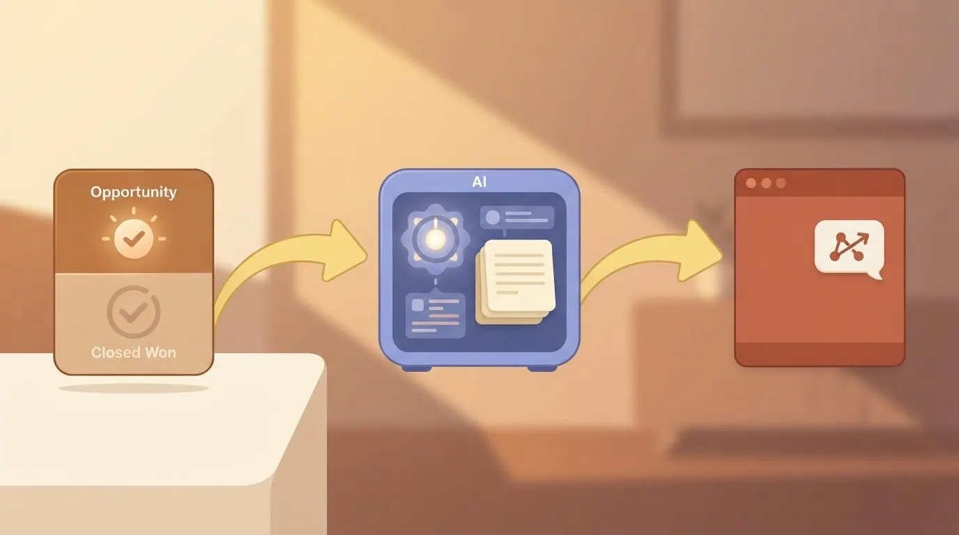 An Opportunity record card marked Closed Won, with one arrow going to an AI model box holding account notes pages, and a…