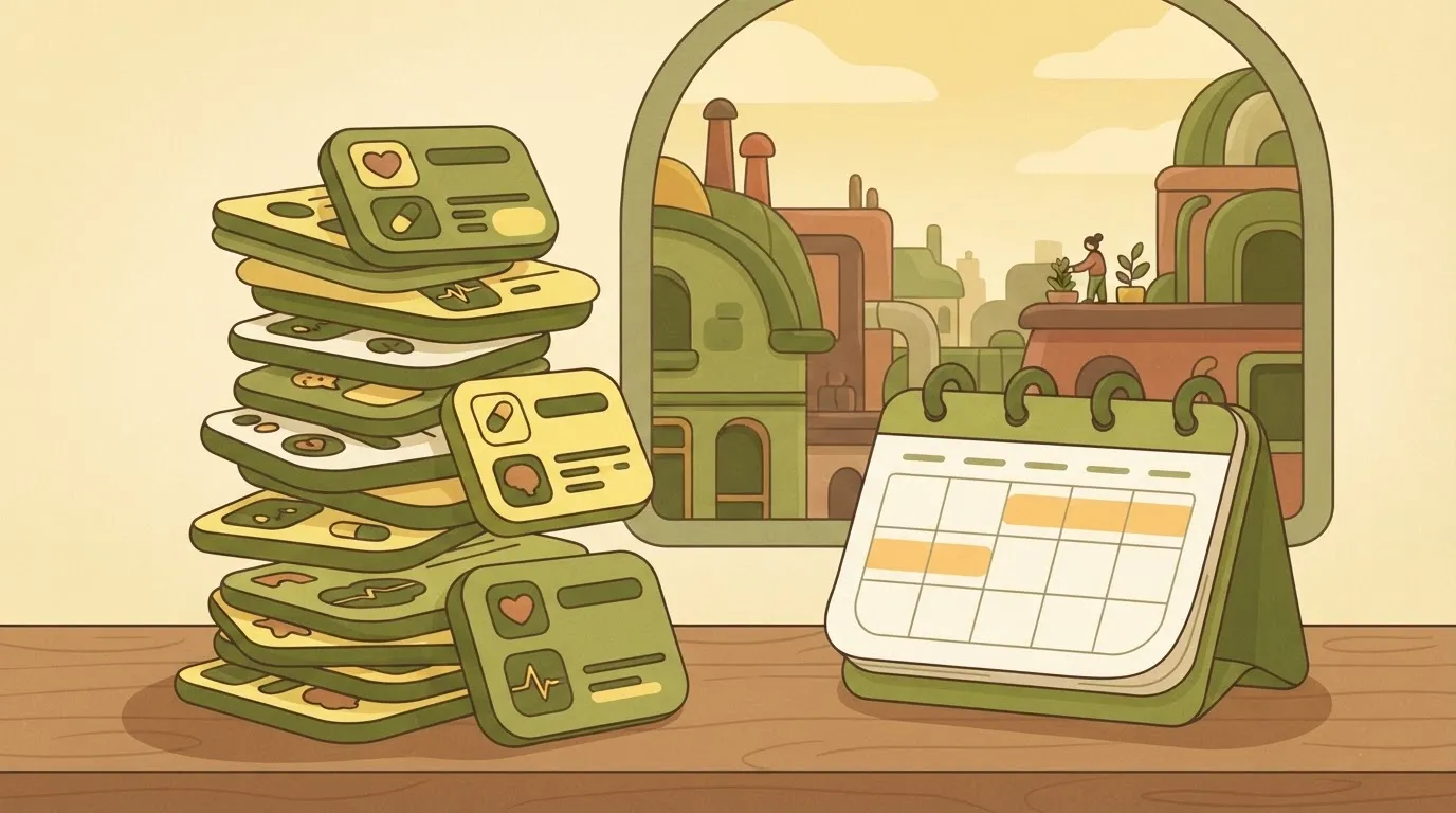 Stack of execution data records beside a two-week calendar