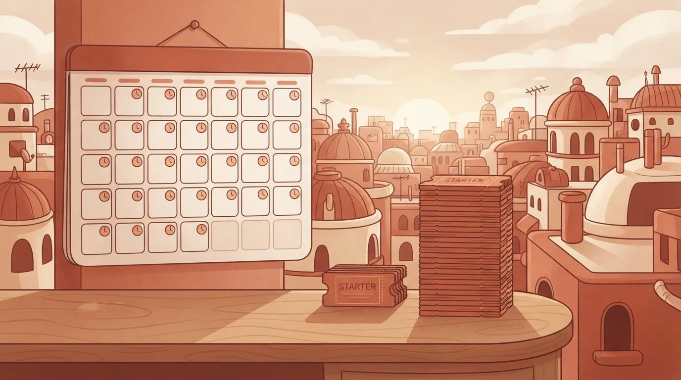 Calendar month beside a short and a tall stack of execution tickets