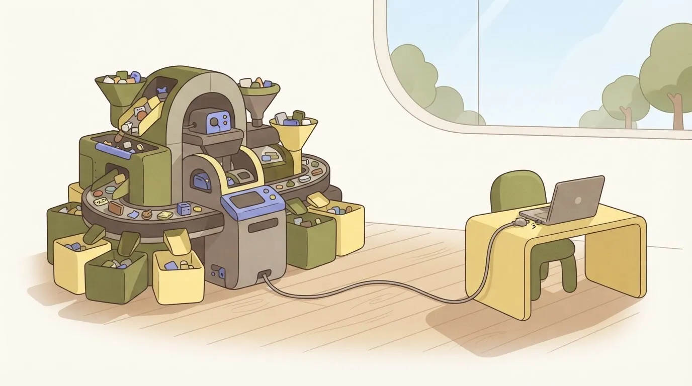 A busy sorting machine with its power cable running across the floor to a single laptop on an empty desk with a pushed-in…