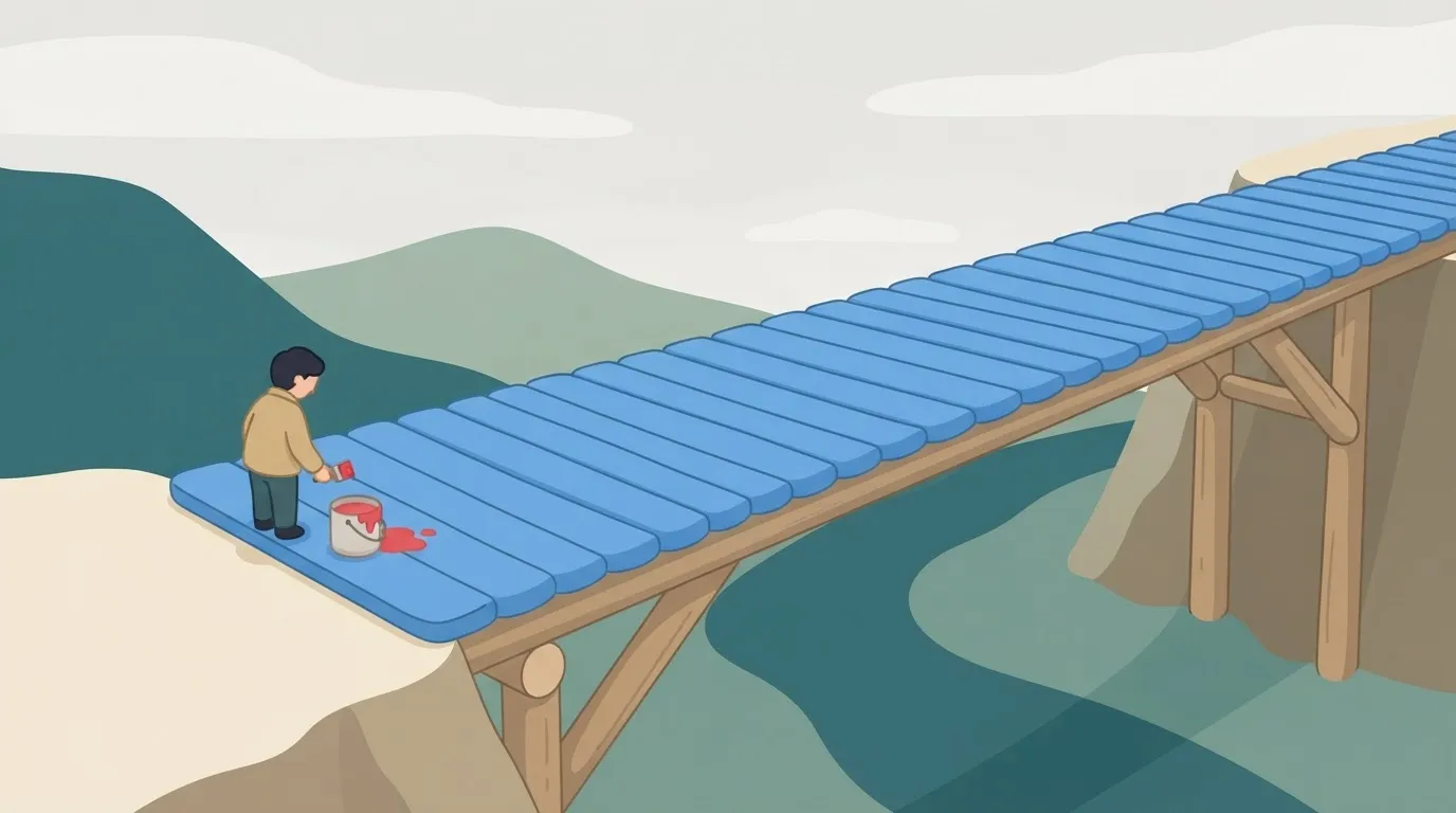 A large wooden bridge spanning a gap, where every single plank is painted bright blue; a person stands at the edge with a…