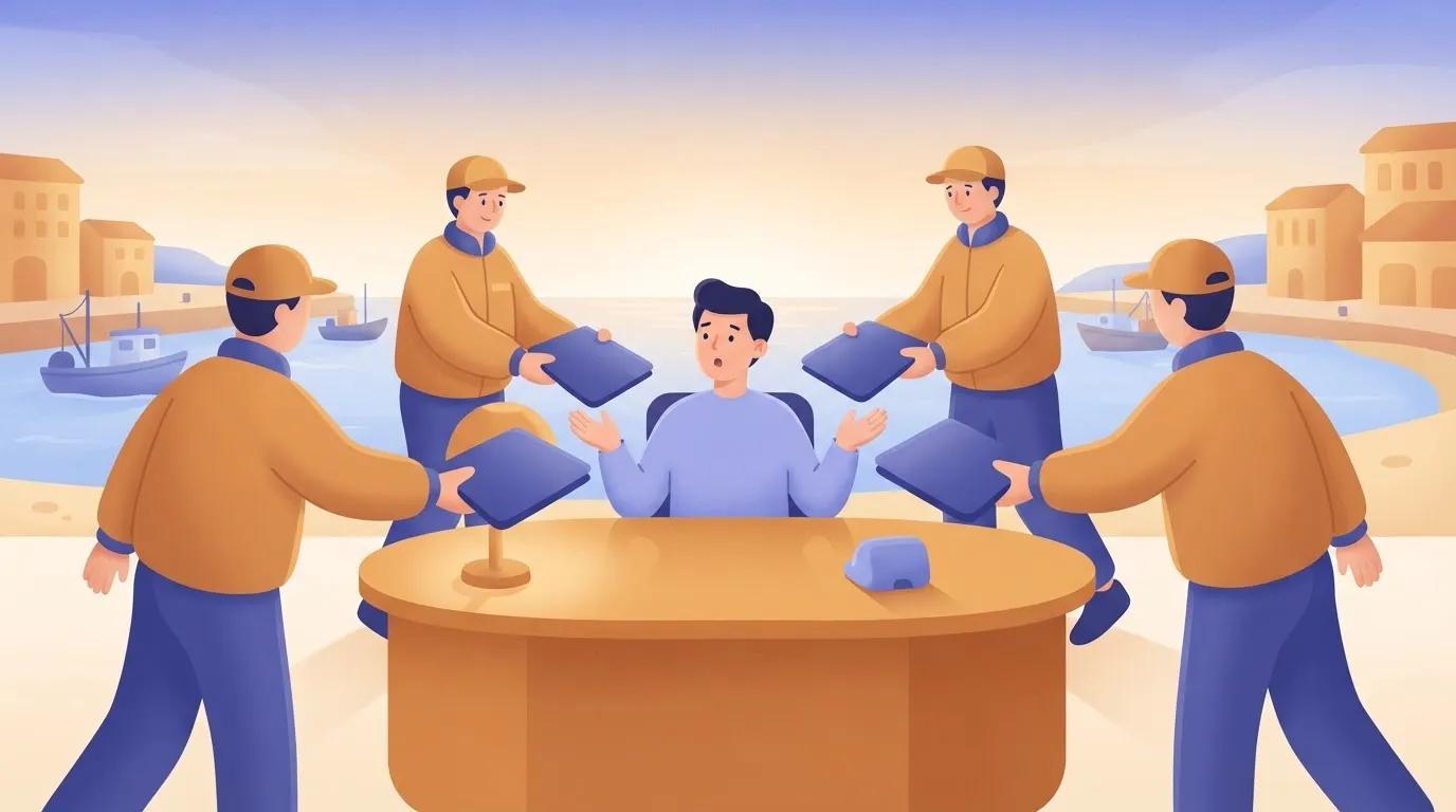 A single person at a desk being handed three identical identical folders at the exact same moment by three different…