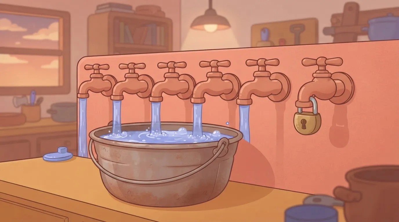 A row of five identical faucets all pouring water into a single bucket at full speed, while a sixth faucet next to them is…