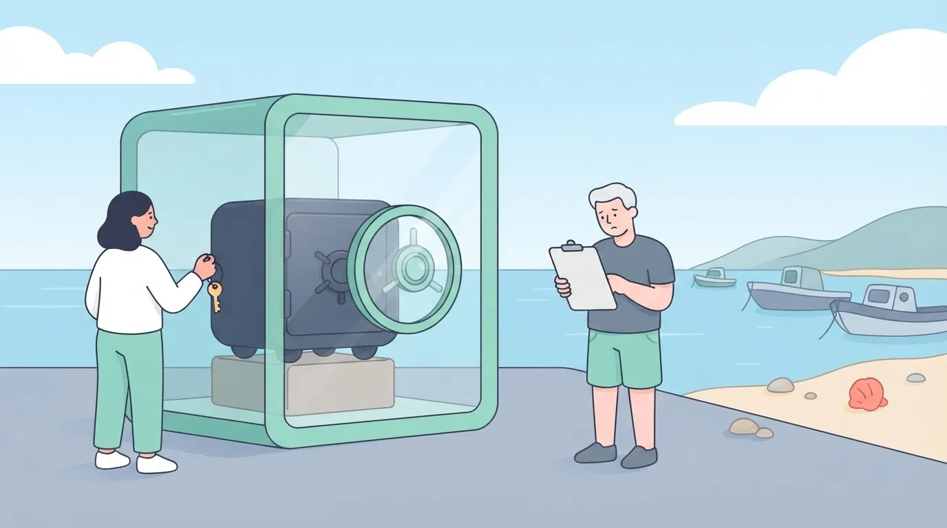 A heavy iron safe sitting inside a larger, transparent glass vault, with the person who owns the safe holding the only key…