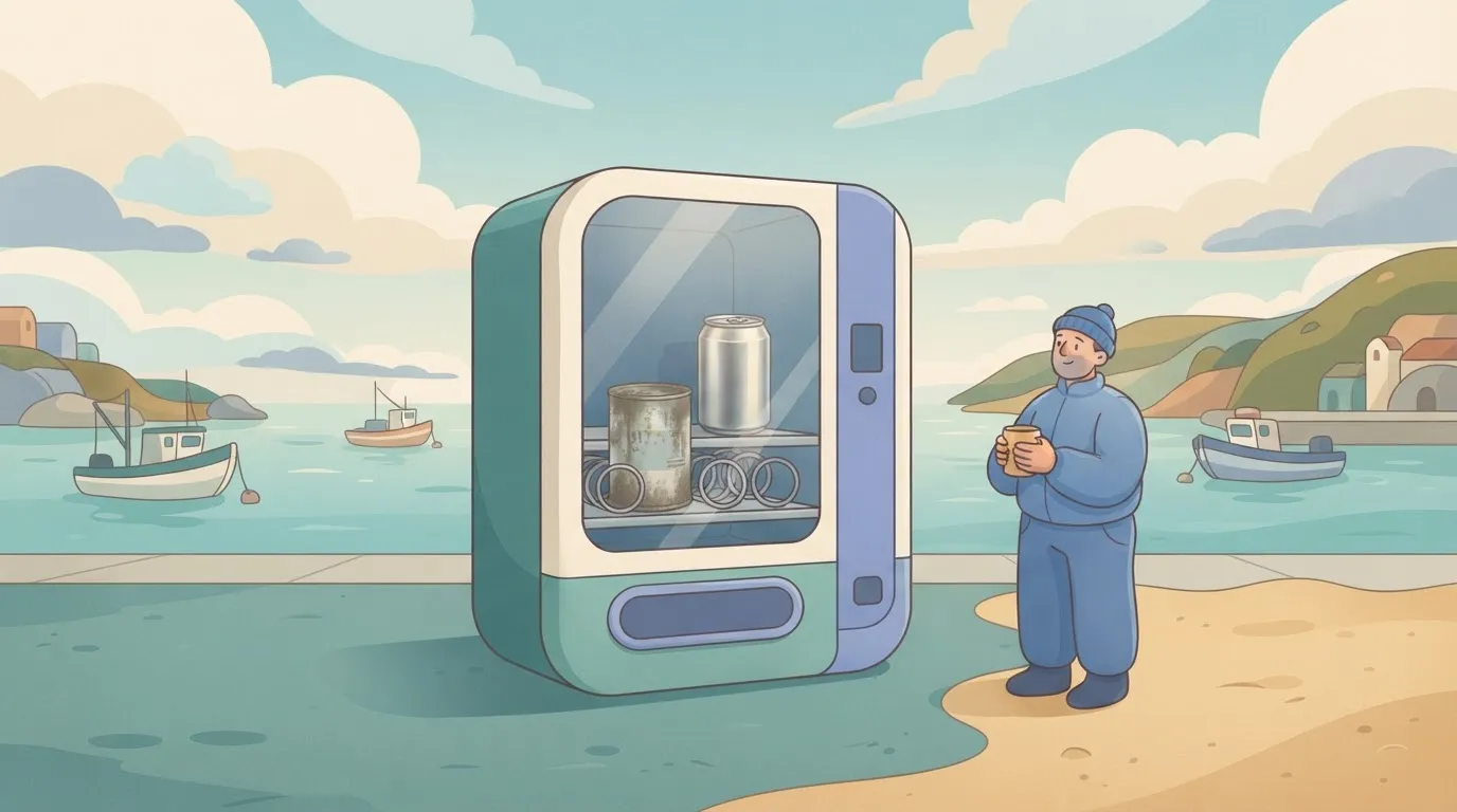 A vending machine whose front window shows an old dusty can at the front, while a fresh shiny can sits behind it unreachable.