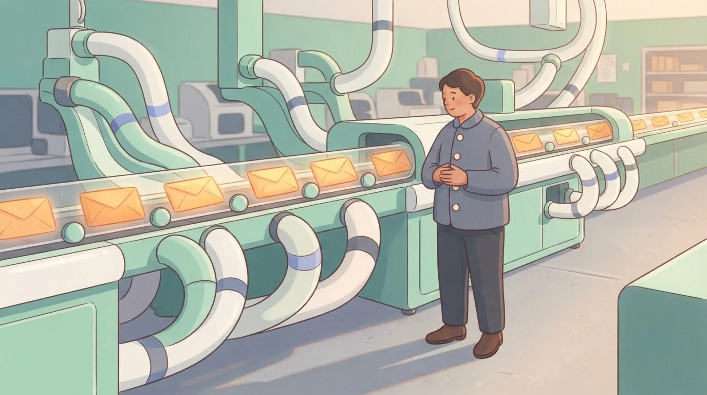 A person in a mailroom uniform stands before a large, complex machine that is automatically sorting a stream of glowing…