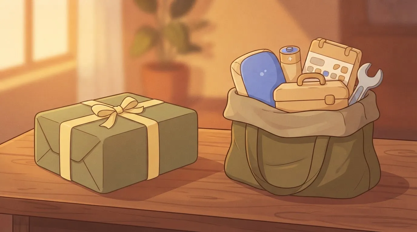 One sealed parcel beside a bag of loose parts
