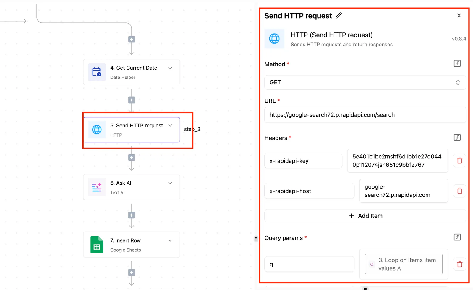 Activepieces workflow builder showing a multi-step automation with the Send HTTP request step selected and its…