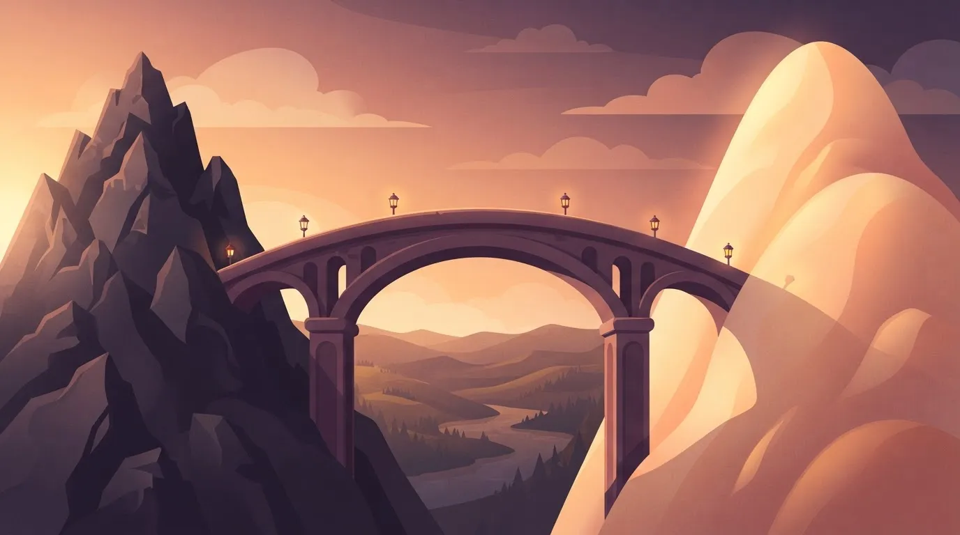 A single large stone bridge connecting two different mountain peaks; one peak is jagged and dark, the other is smooth and…