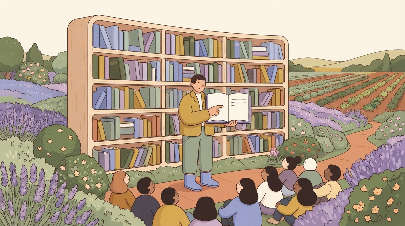 A figure standing in front of a giant bookshelf, holding a single book open and pointing to a specific line of text before…