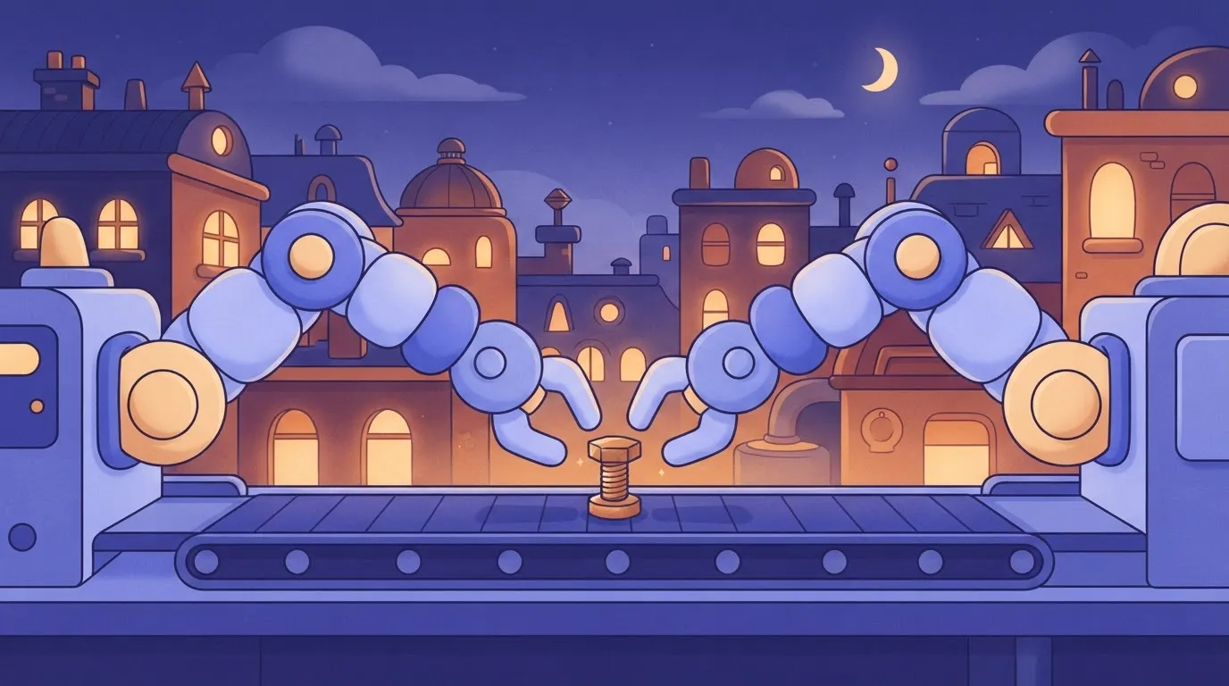 Two identical mechanical arms reaching for the same single bolt on a conveyor belt; the arms are positioned so they will…