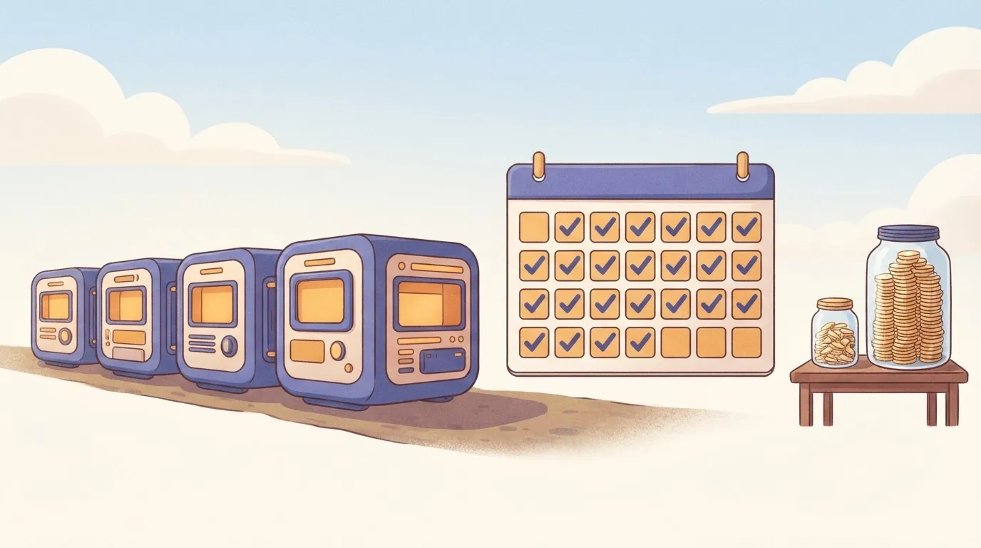 Five-module scenario beside calendar and oversized credit stack