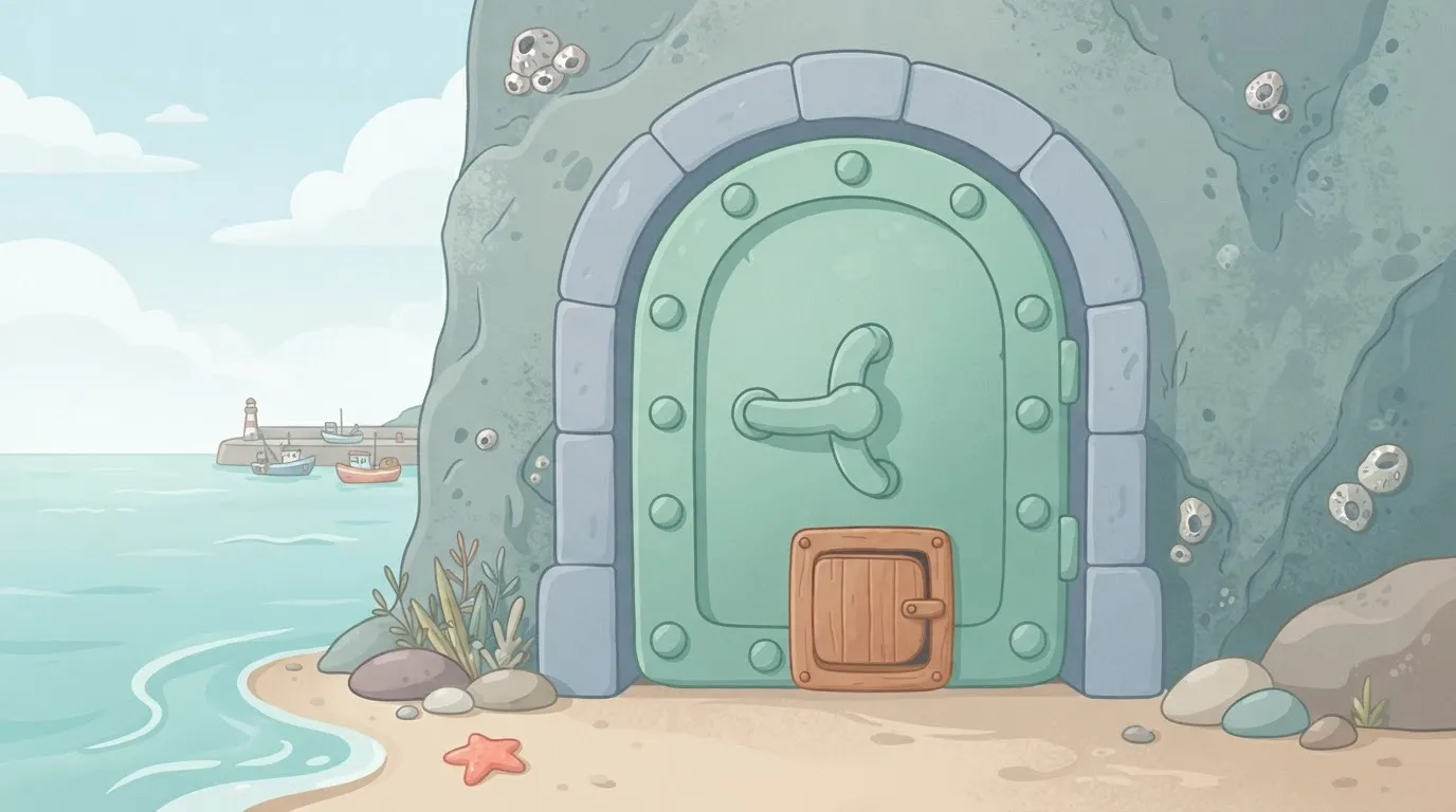 A large, heavy stone vault door with a tiny, simple wooden cat-flap installed at the bottom for small items to pass through.