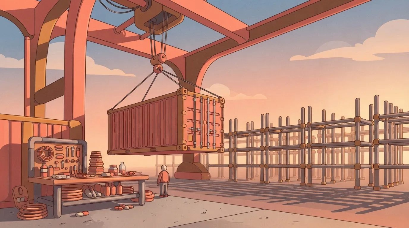 A large, heavy shipping container being lifted by a crane away from a small, cluttered workbench toward a vast grid of…