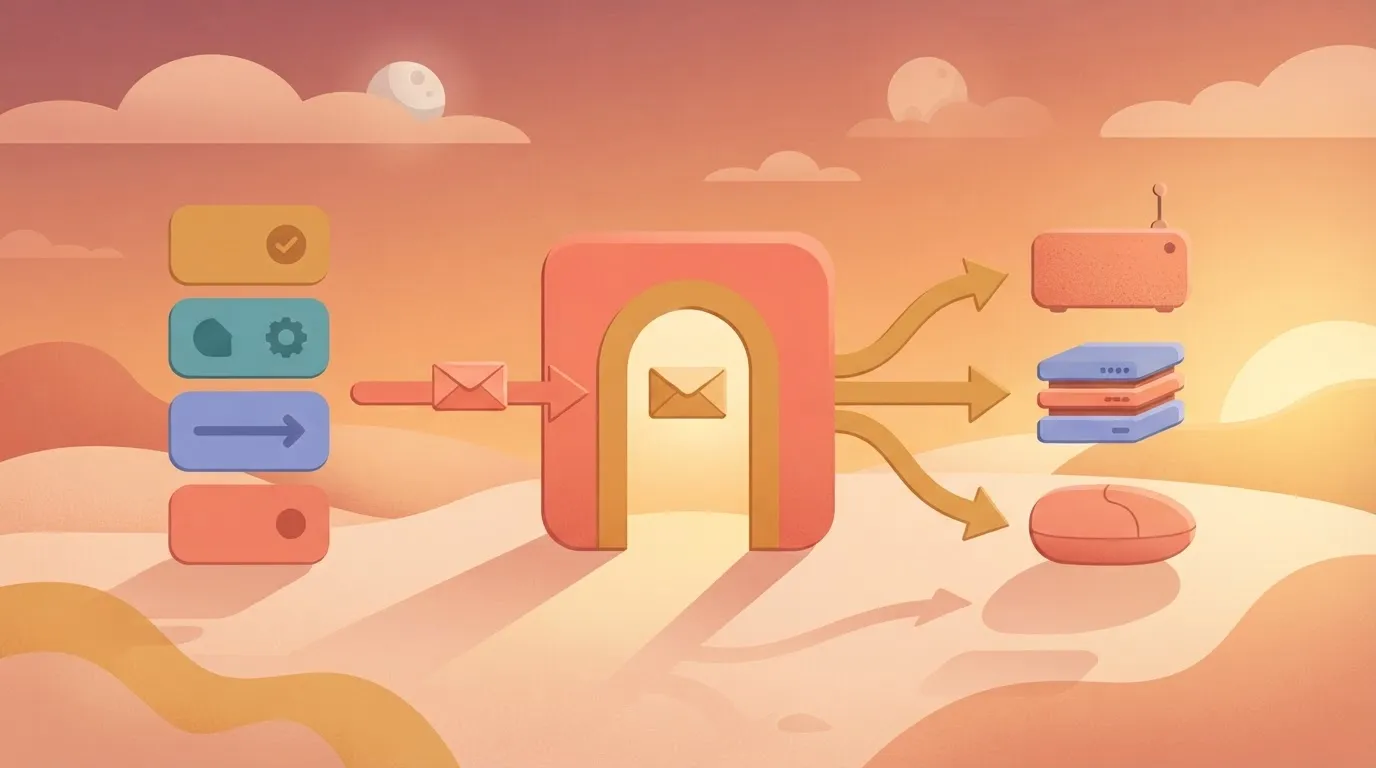 A gateway box in the middle; several workflow cards on the left feed one arrow, carrying an envelope, into it, and from it…