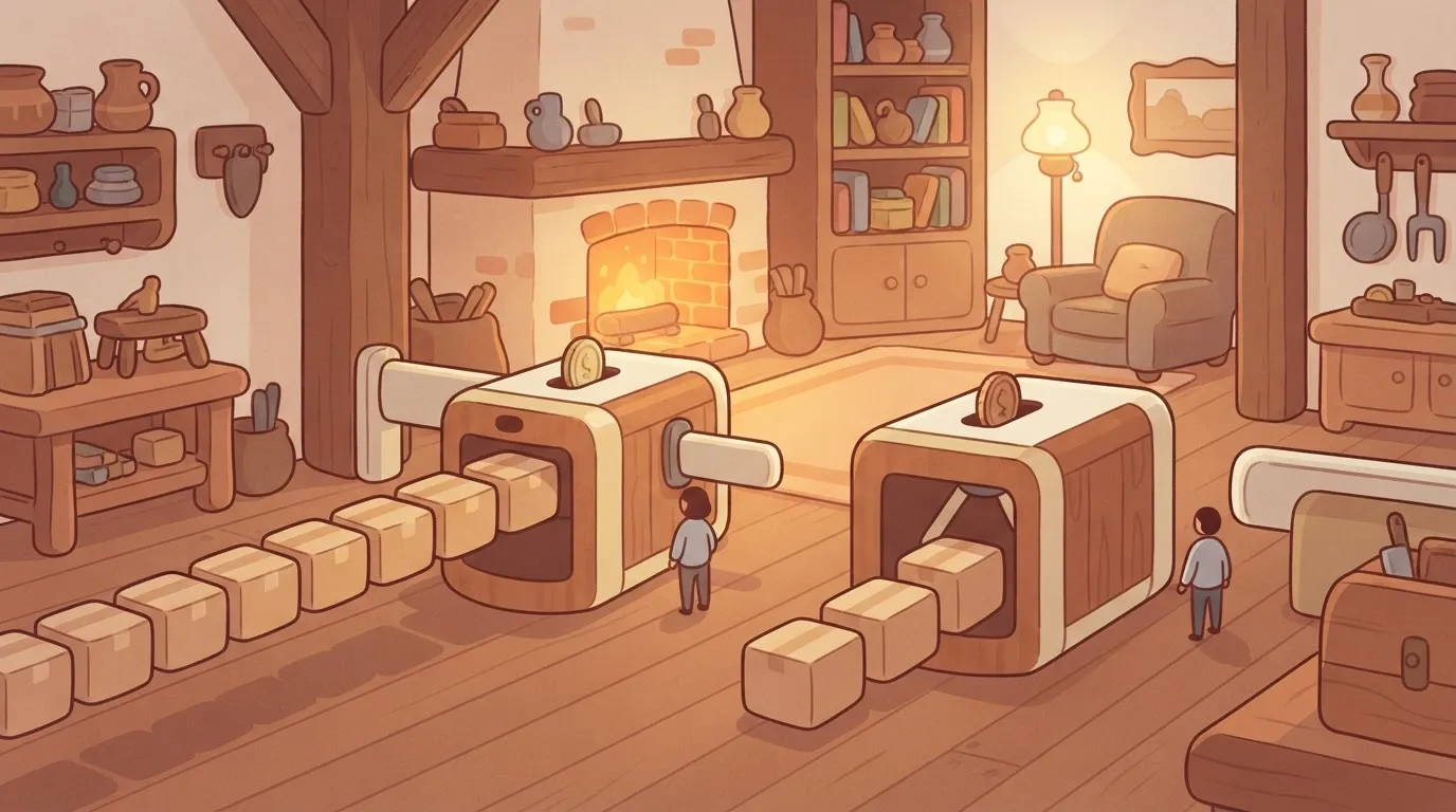 Two gates, one with ten boxes, one with two, one token each