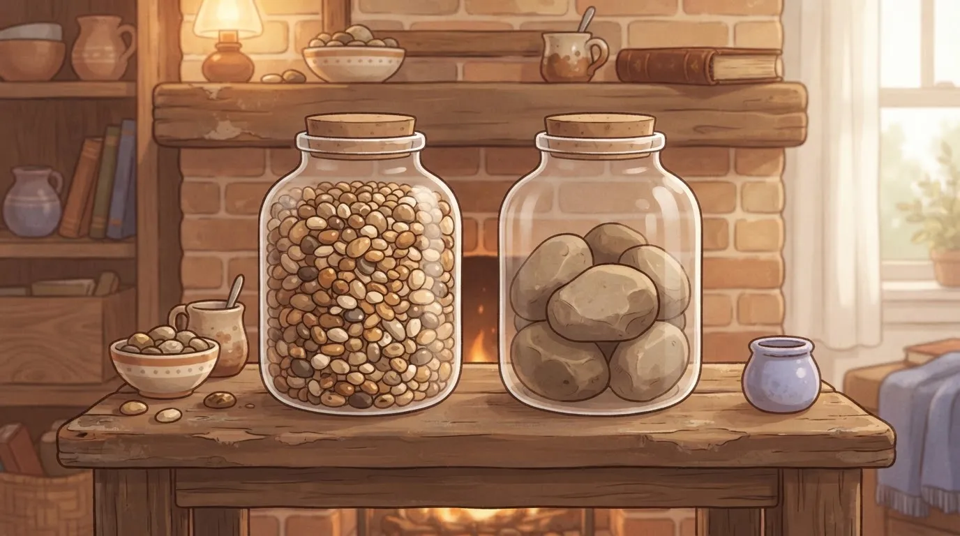 Two identical glass jars: one is filled to the brim with hundreds of small pebbles, the other contains only a few large…