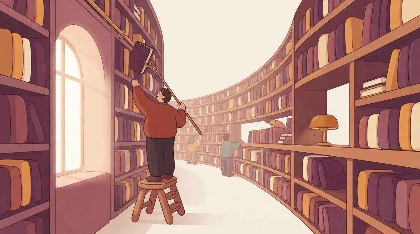 A person standing in a library using a long wooden pole to reach a book on a high shelf.